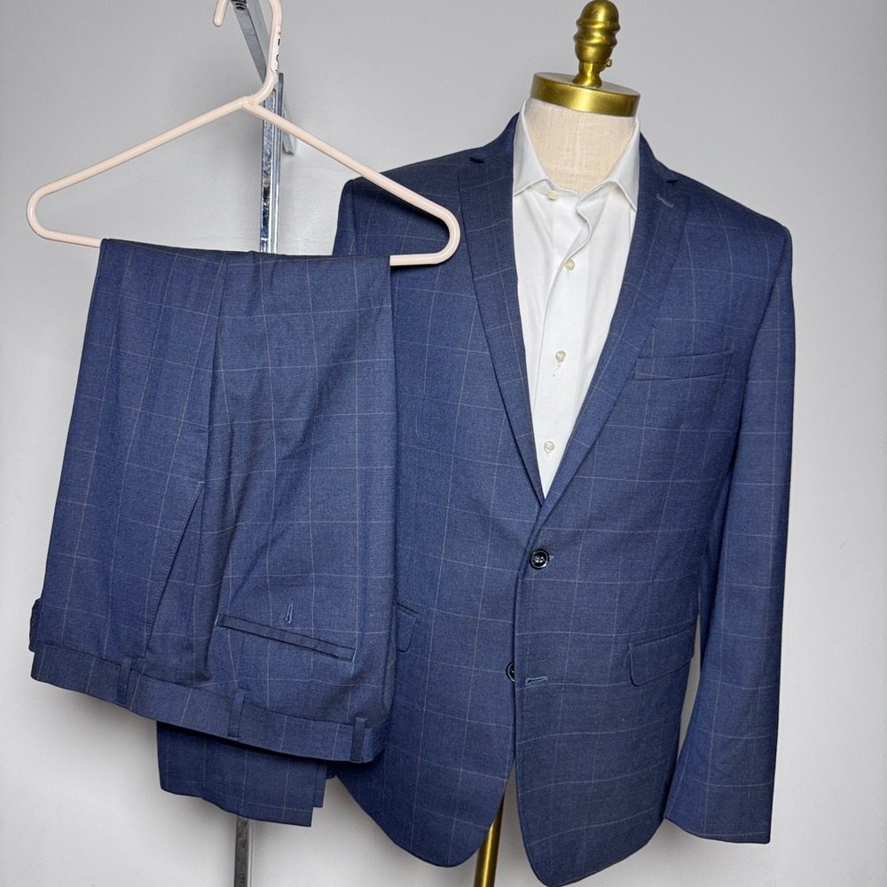 Bar III Suit Mens 44R 36W Blue Windowpane Slim Fit Wool Blend Two Button